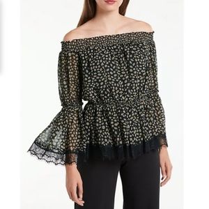 Max Studio Black/Taupe Carnival Dot Off-Shoulder Lace Trim Crepe Blouse Size S